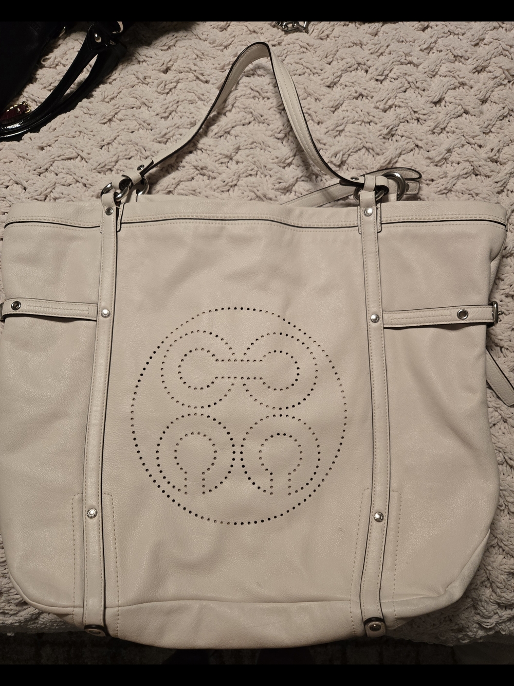 Coach Perforated Logo Leather Tote in Cream